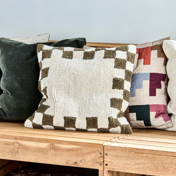 Chess Cushion Cover in Green Off White