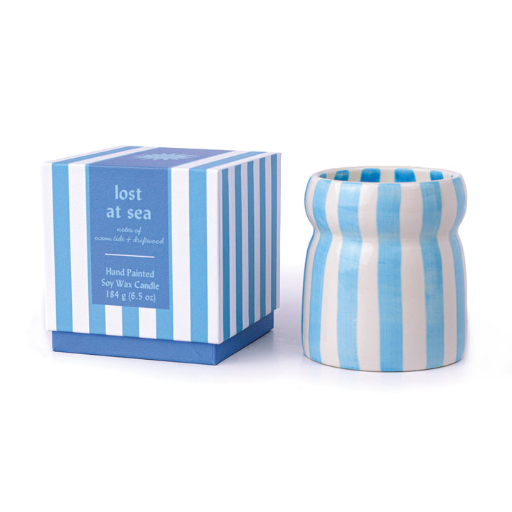 Cabana Blue Stripped Ceramic Candle In Lost at Sea