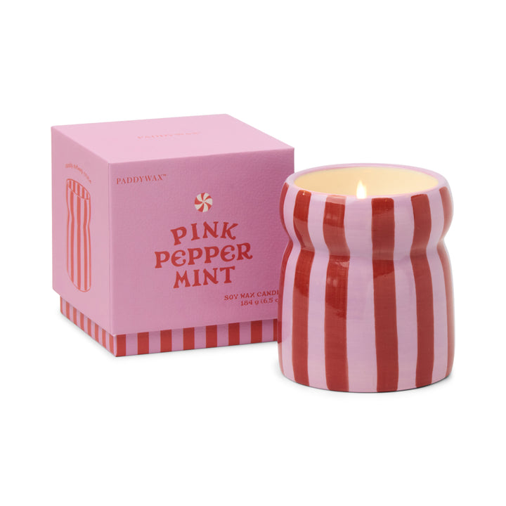 Cabana Red/Pink Striped Ceramic Candle In Pink Peppermint