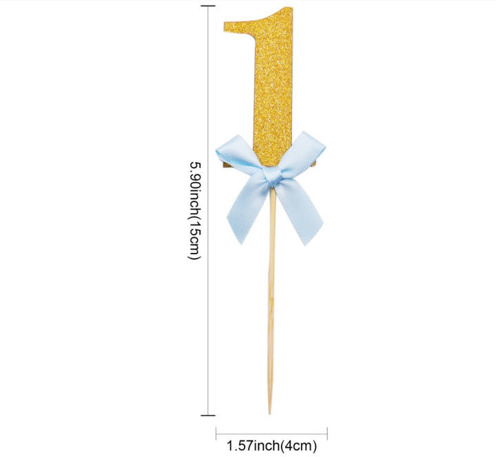 Décorations de gâteau dorées numéro 1 avec nœuds bleus