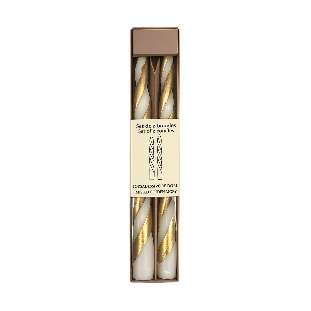 Set of 2 Long Twisted Ivory Gold Candles