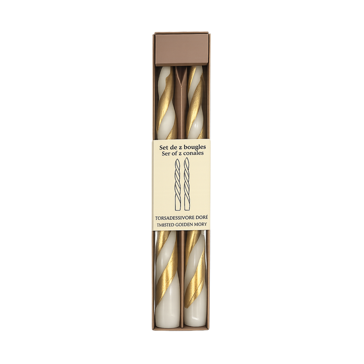 Set of 2 Long Twisted Ivory Gold Candles