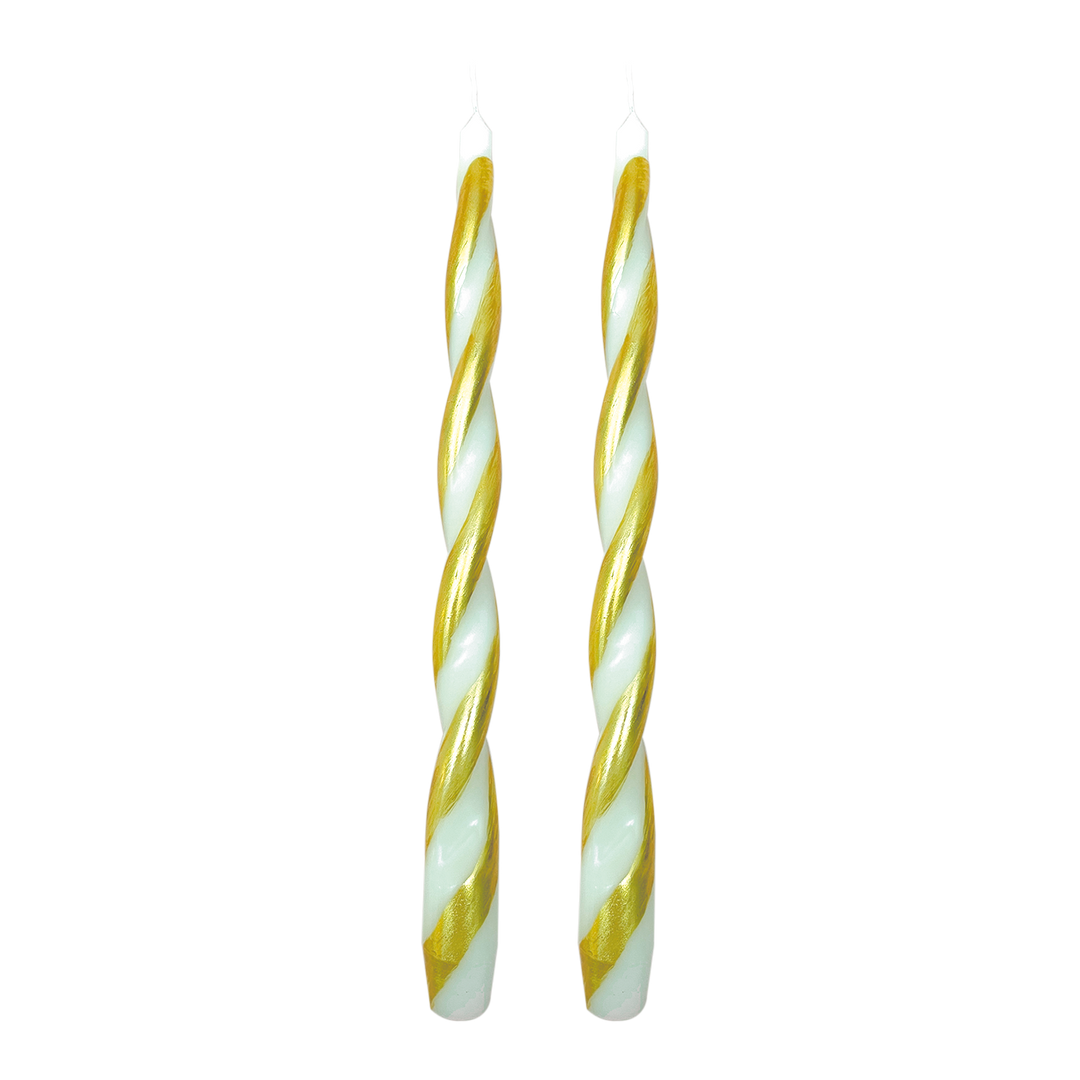 Set of 2 Long Twisted Ivory Gold Candles