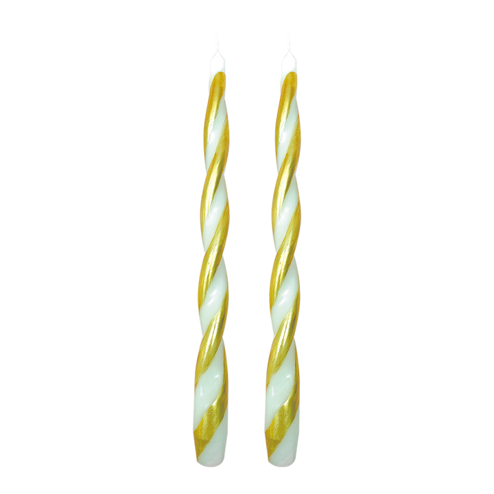 Set of 2 Long Twisted Ivory Gold Candles