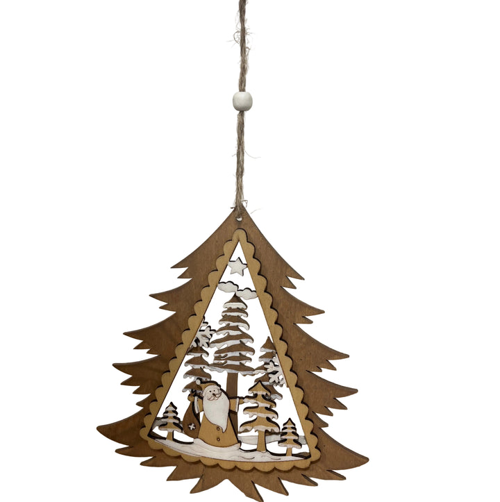 Santa & Trees in Brown Tree Outline Hanger Country Christmas
