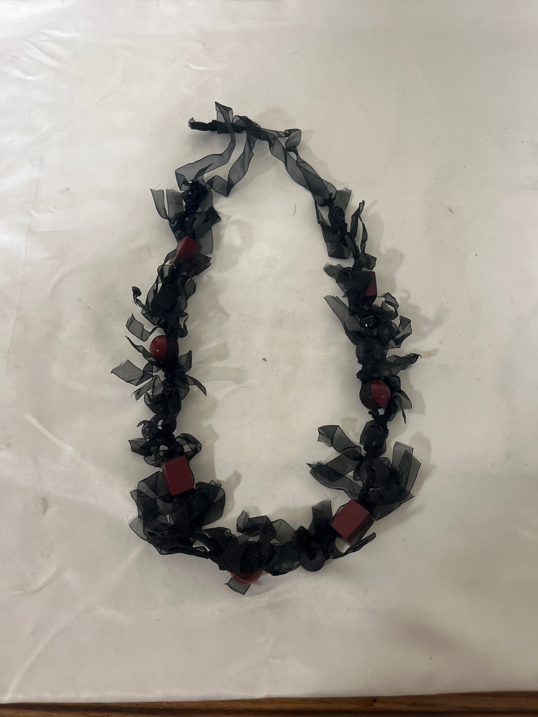 Handmade Ribbon Beaded Necklace Red
