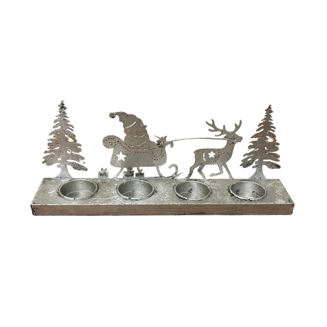 Long Santa & Deer Tea Light Holder Silver