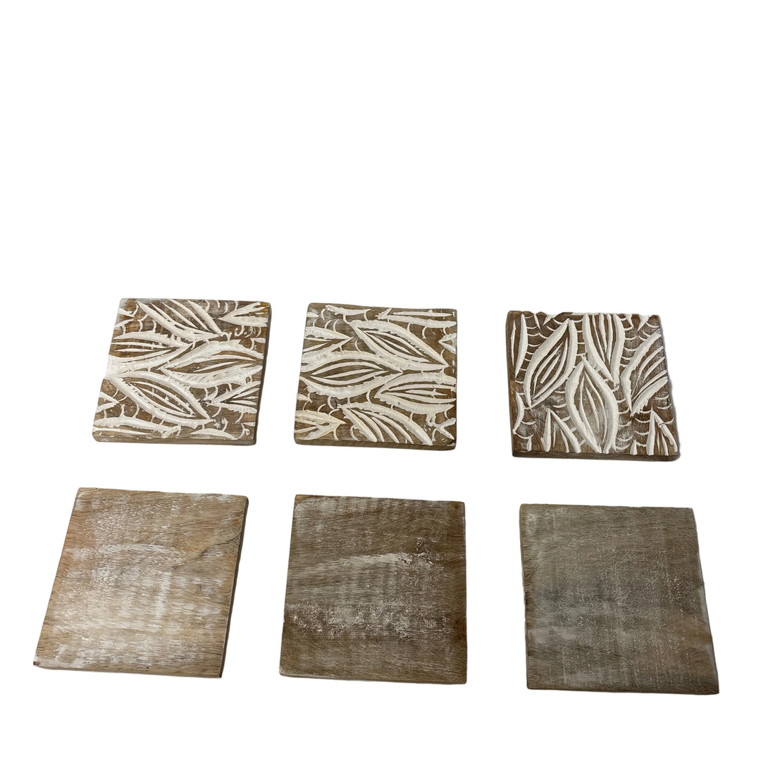Set of six square ceramic coasters with leaf patterns