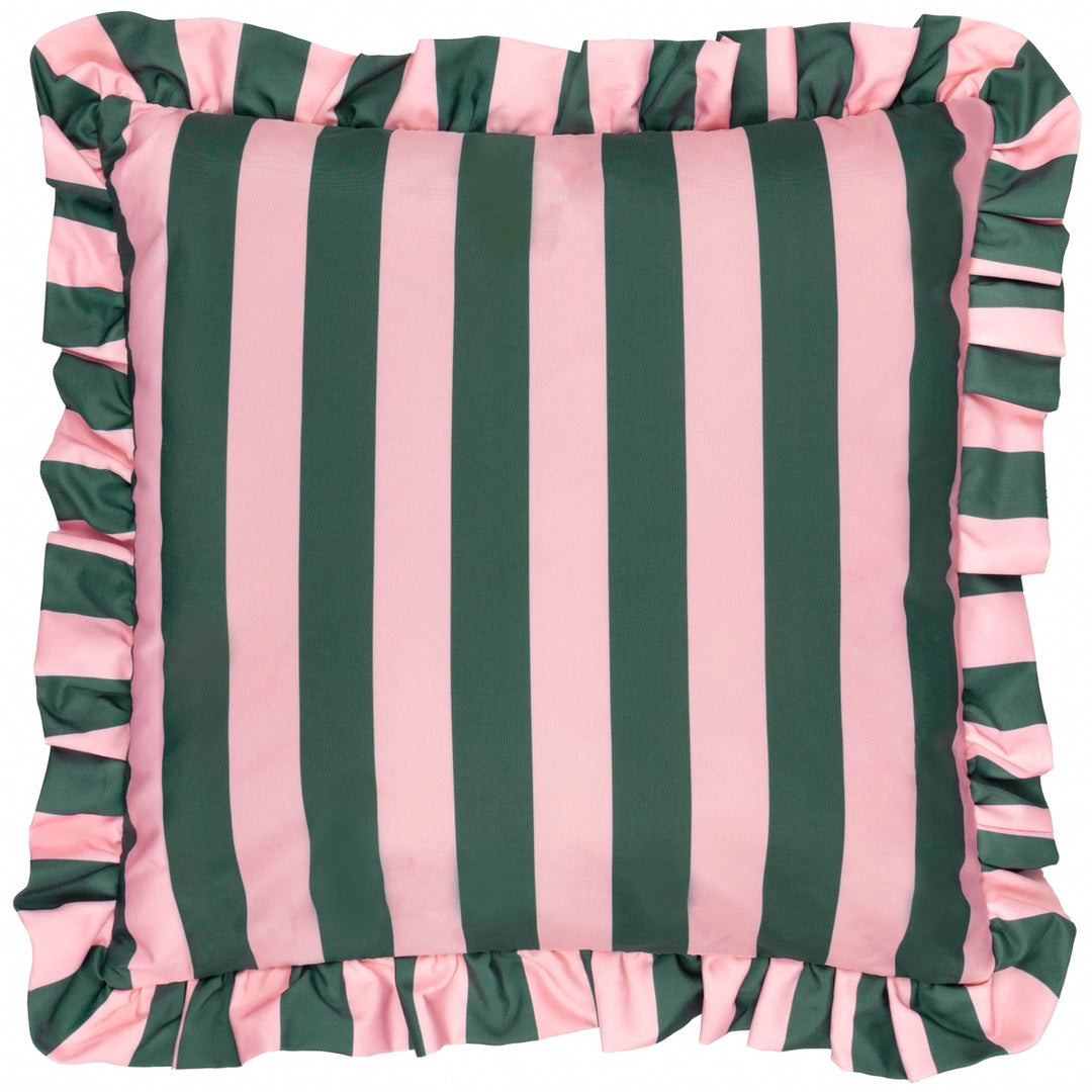 Palm Royale Stripe Ruffle Printed Outdoor Cushion in Pink/Green