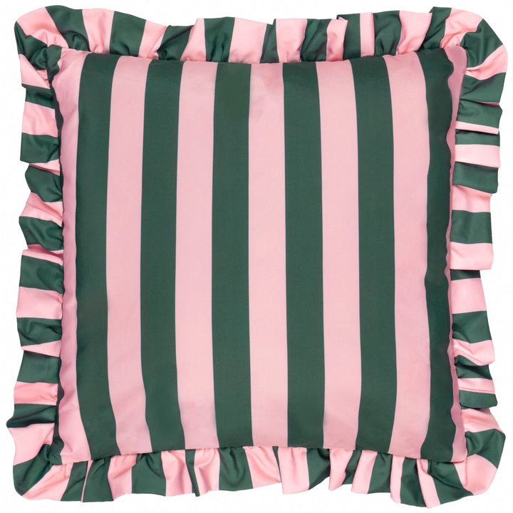 Palm Royale Stripe Ruffle Printed Outdoor Cushion in Pink/Green