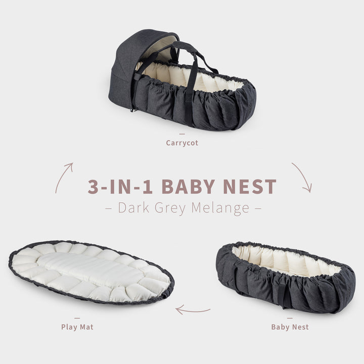 Sebra 3-in-1 Baby Nest & Hood in Dark Grey Melange