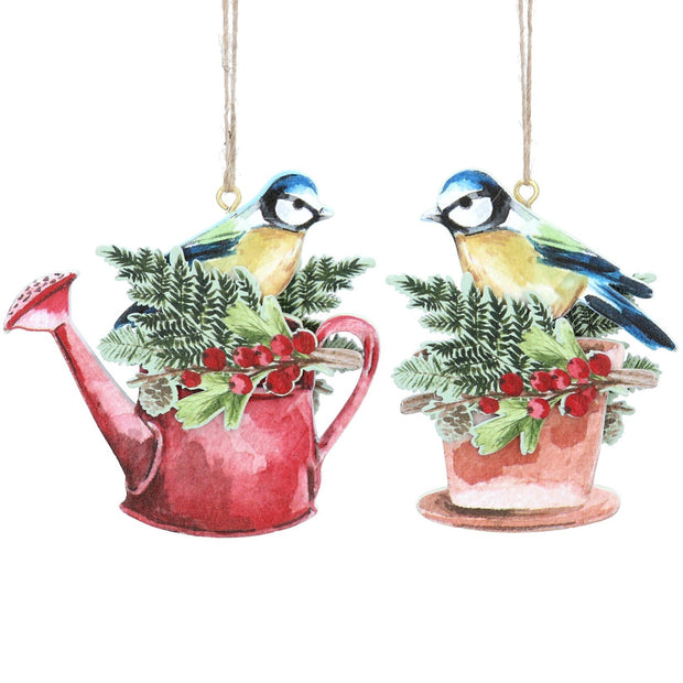 Set Of Two Blue Tit Wooden Tree Decorations