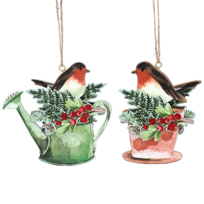 Set Of Two Wooden Painted Robin Tree Decorations