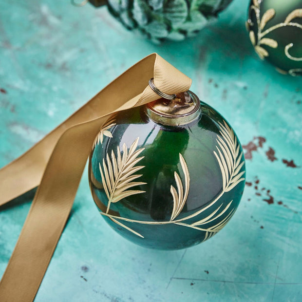 Set of Four Green and Gold Leaf Baubles