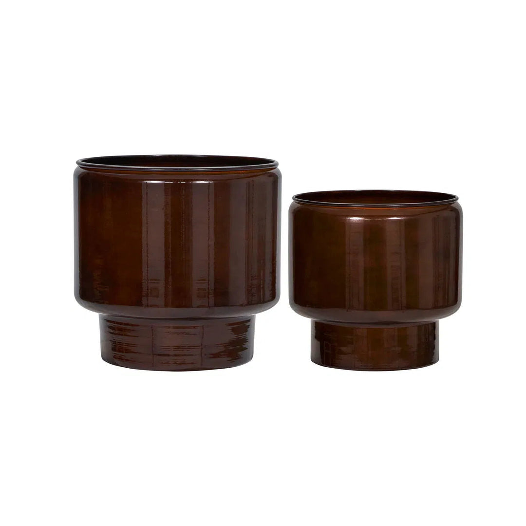 Set of 2 Brown Glazed Metal Planters