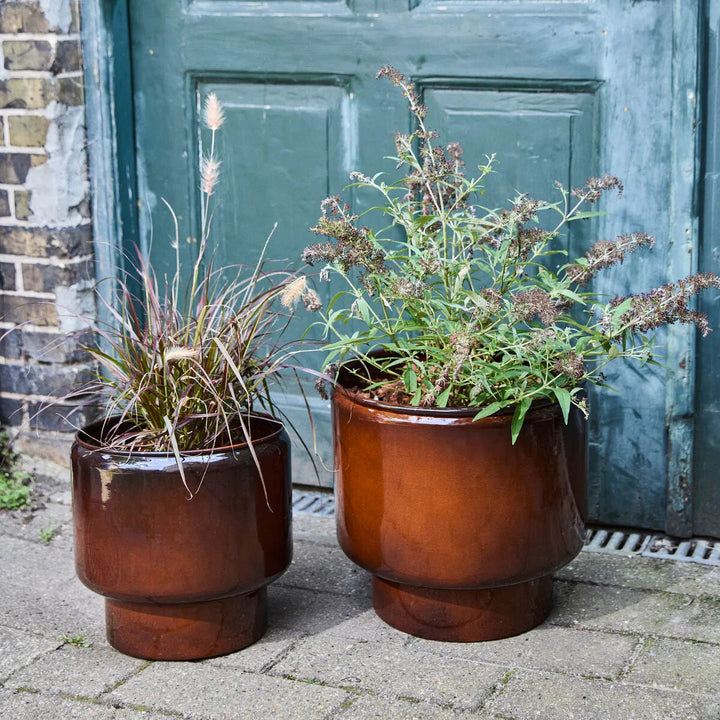 Set of 2 Brown Glazed Metal Planters