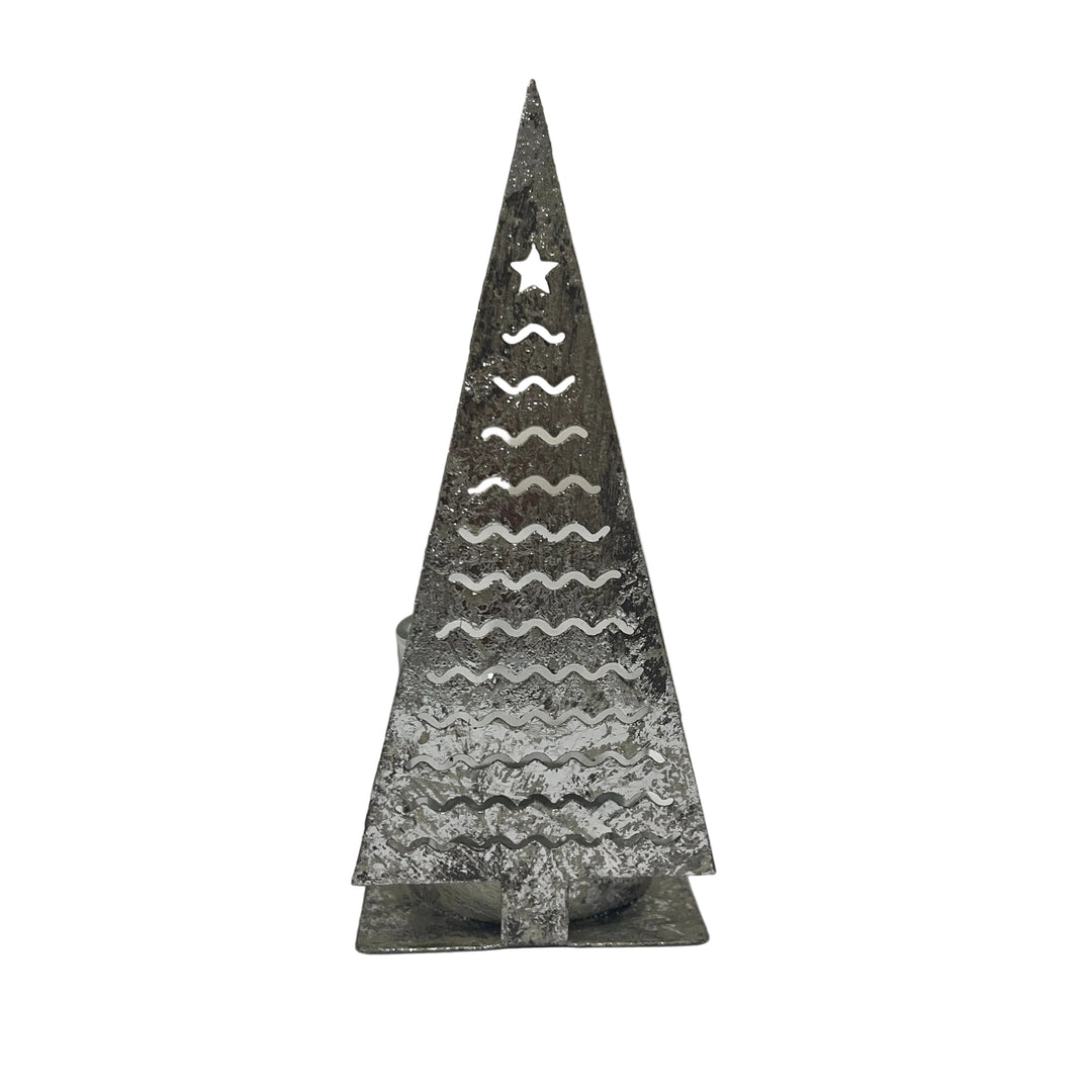 Christmas Tree with Sqiggles Tea Light Holder Silver