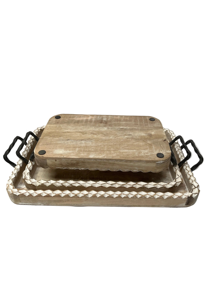 Set Of Three Wooden Handled Trays