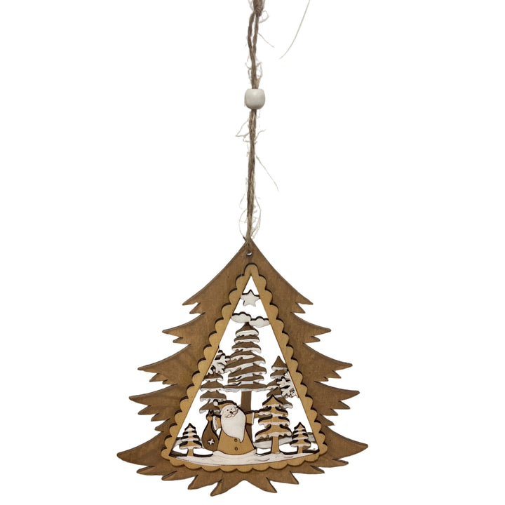 Santa & Trees in Brown Tree Outline Hanger Country Christmas