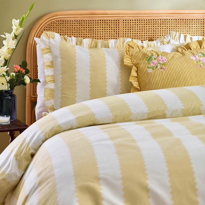 Birdie Stripe Ruffle Duvet Cover Set in Butter Yellow
