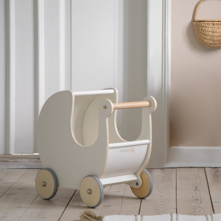 Wooden Dolls Pram , Classic White by Sebra - PRE-ORDER