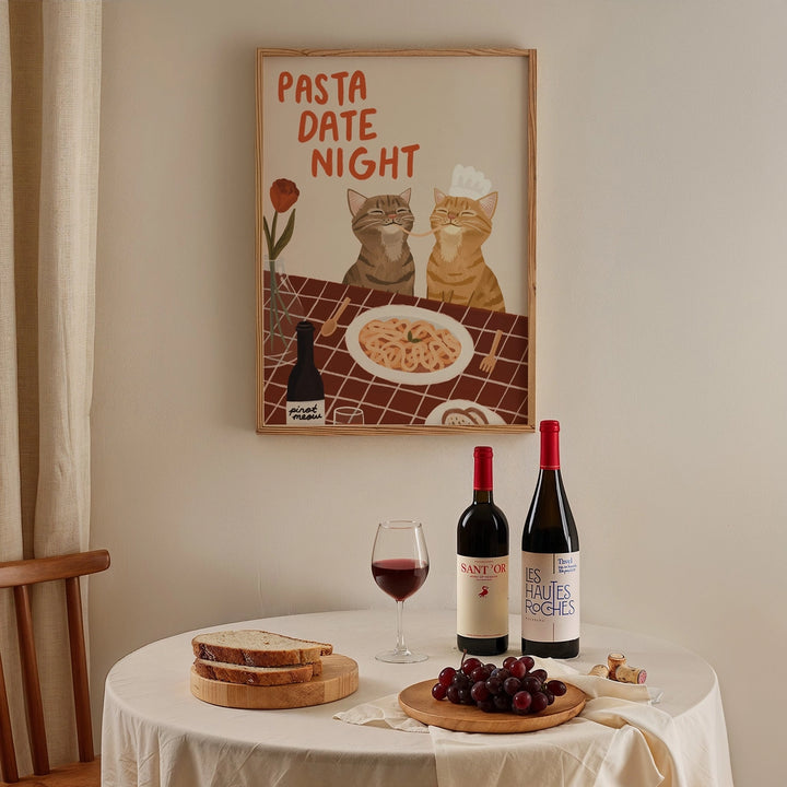 Pasta Date Night Cat Print Red