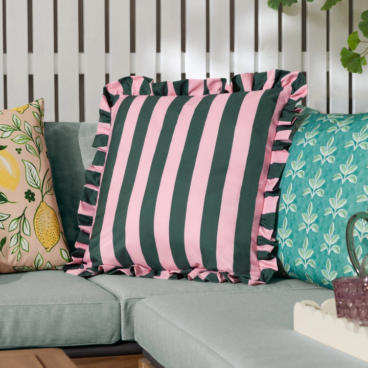 Palm Royale Stripe Ruffle Printed Outdoor Cushion in Pink/Green