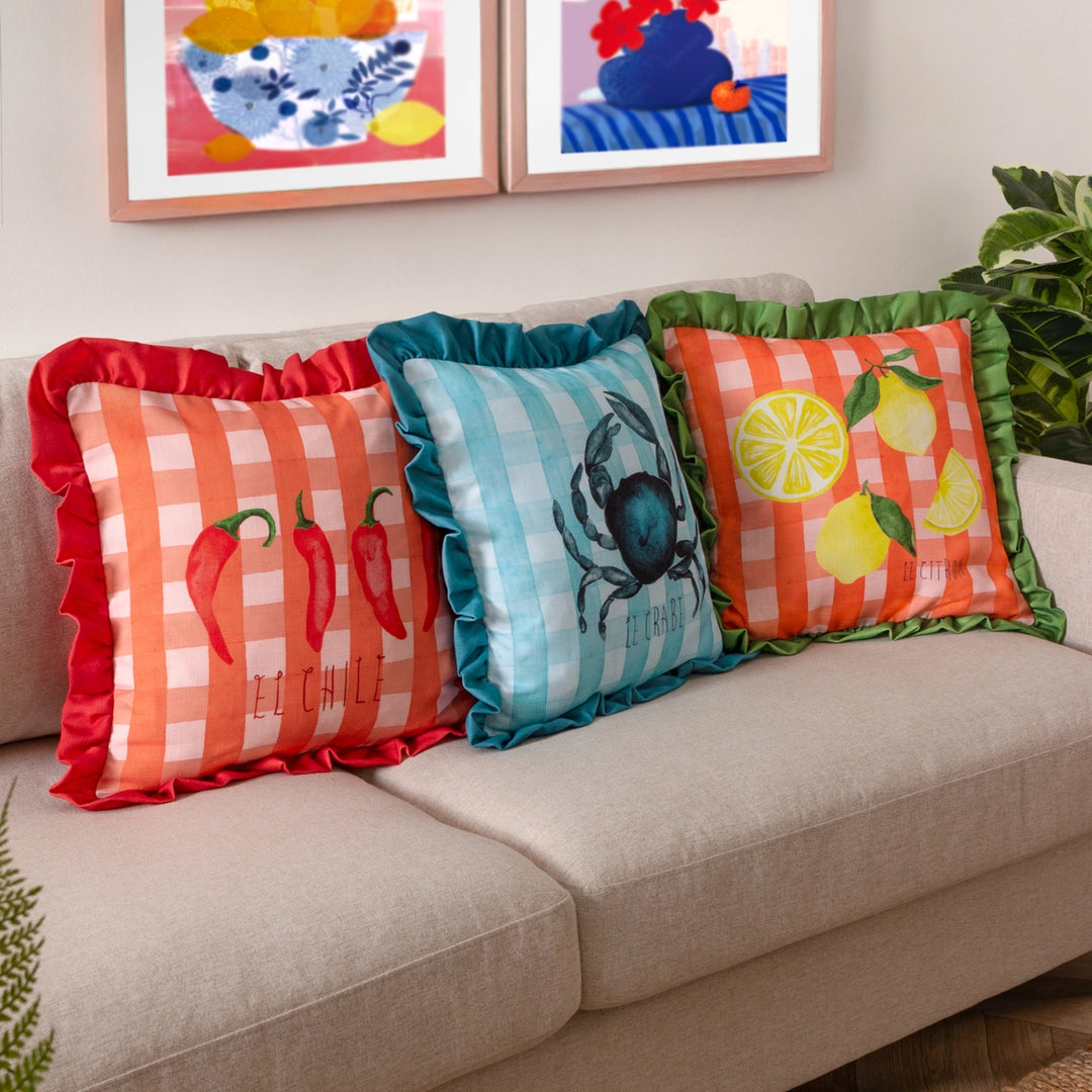 Gingham Chilli Printed Ruffle Cushion