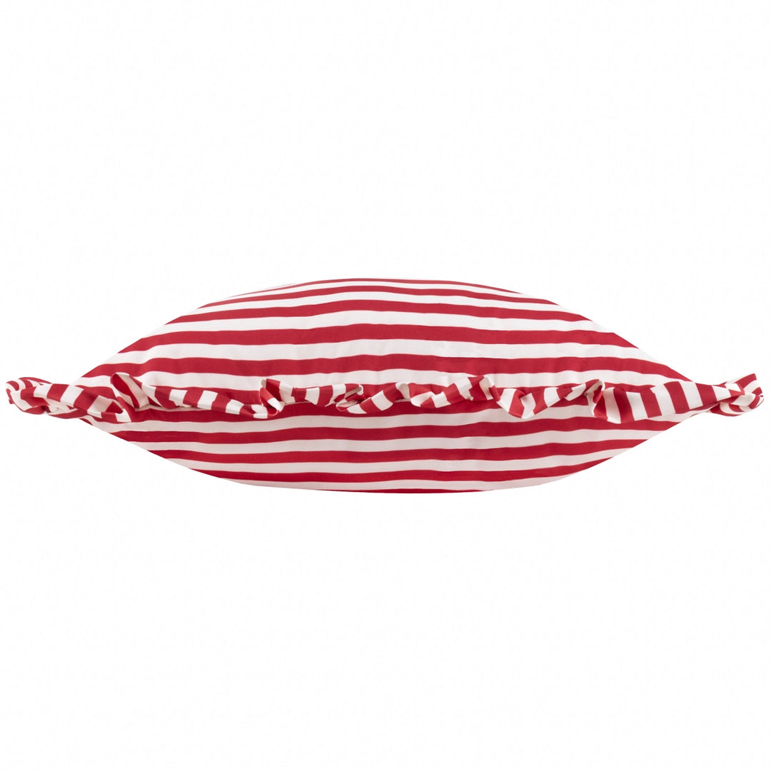 Millie Ruffle Striped Outdoor Cushion in Candy Red