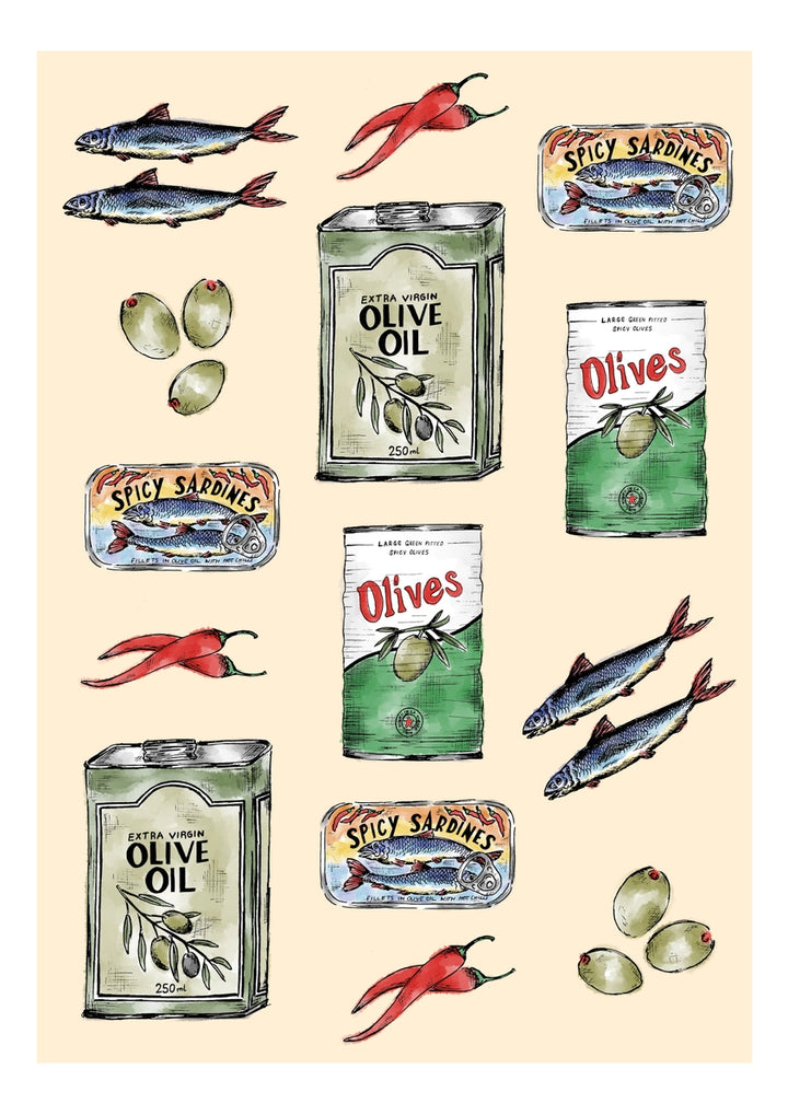 Olives and Spicy Sardines Print by Mash Design