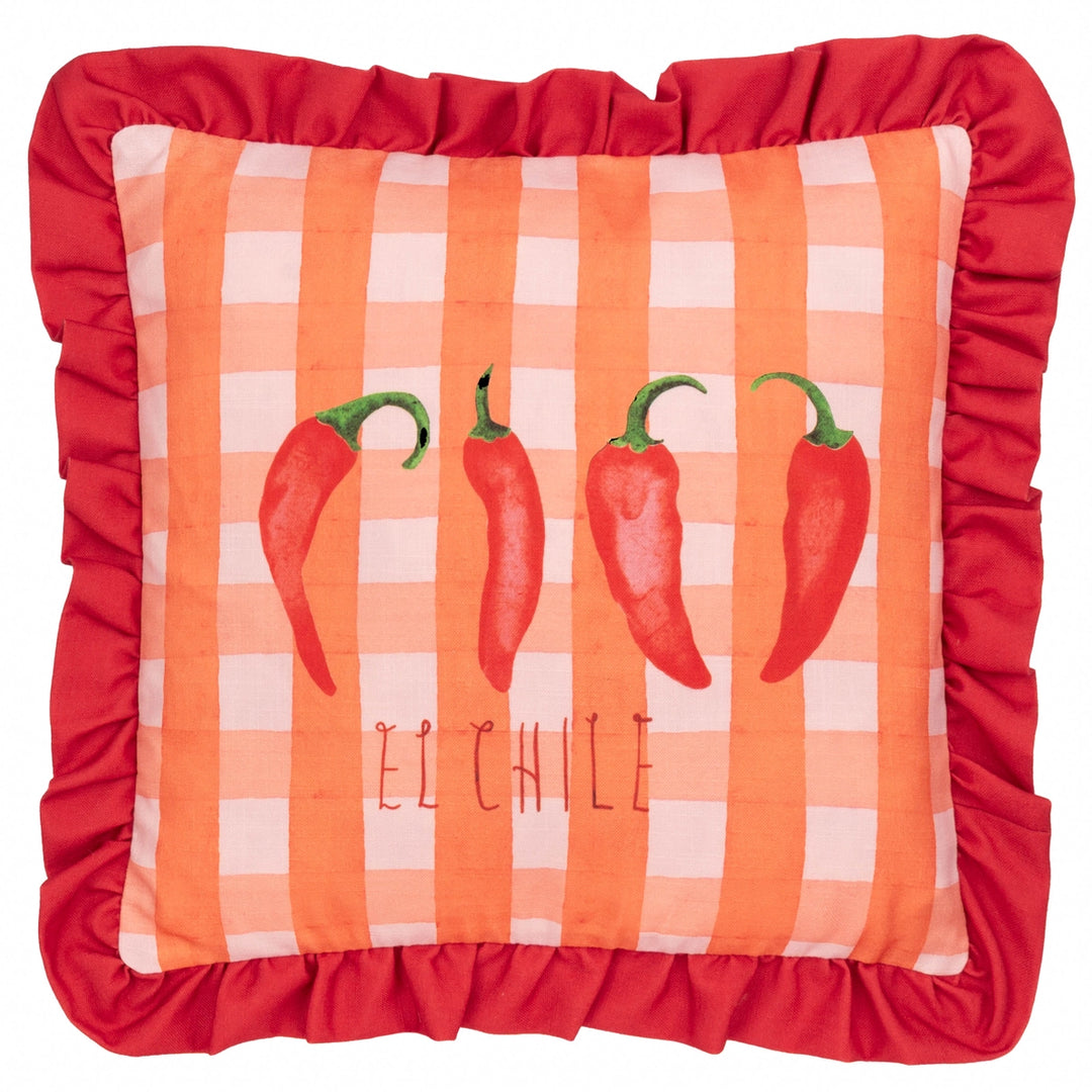 Gingham Chilli Printed Ruffle Cushion