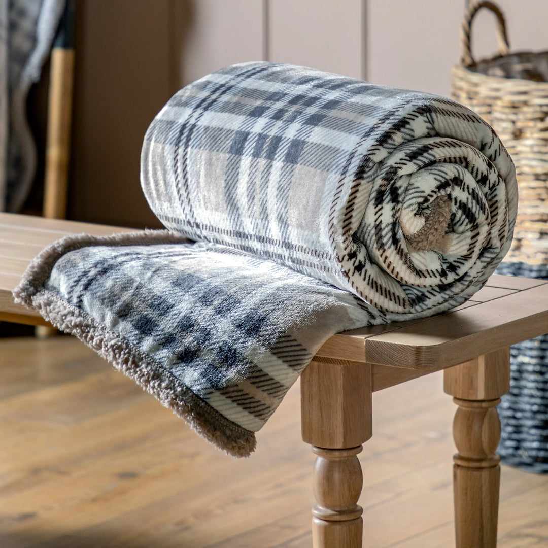 Tartan Sherpa Throw in Natural