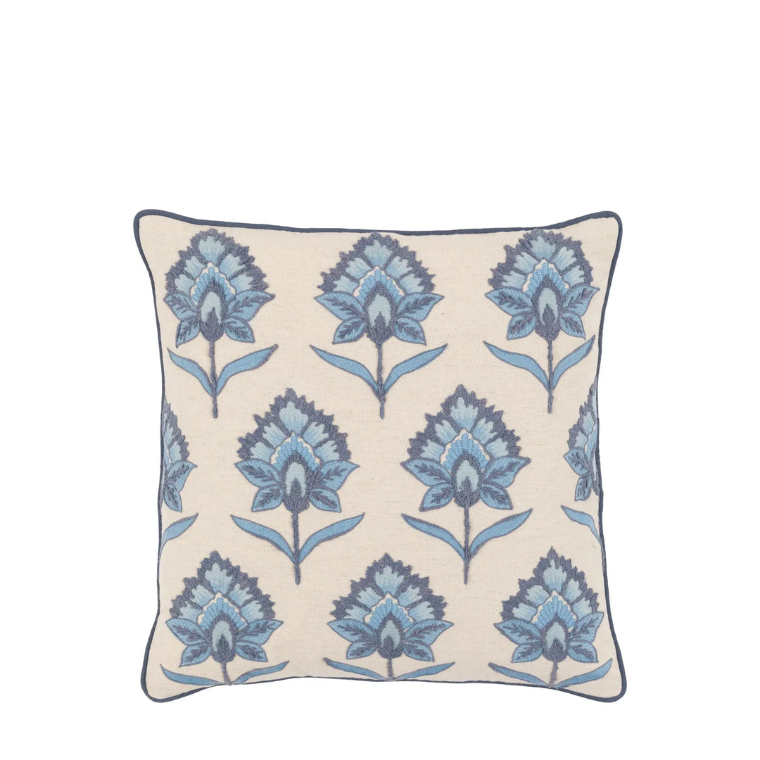 Fleur Embroidered Cushion in Ink Blue