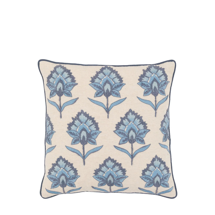 Fleur Embroidered Cushion in Ink Blue