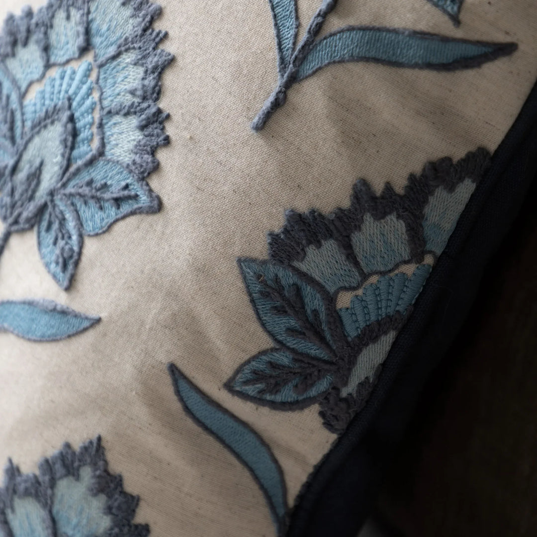 Fleur Embroidered Cushion in Ink Blue