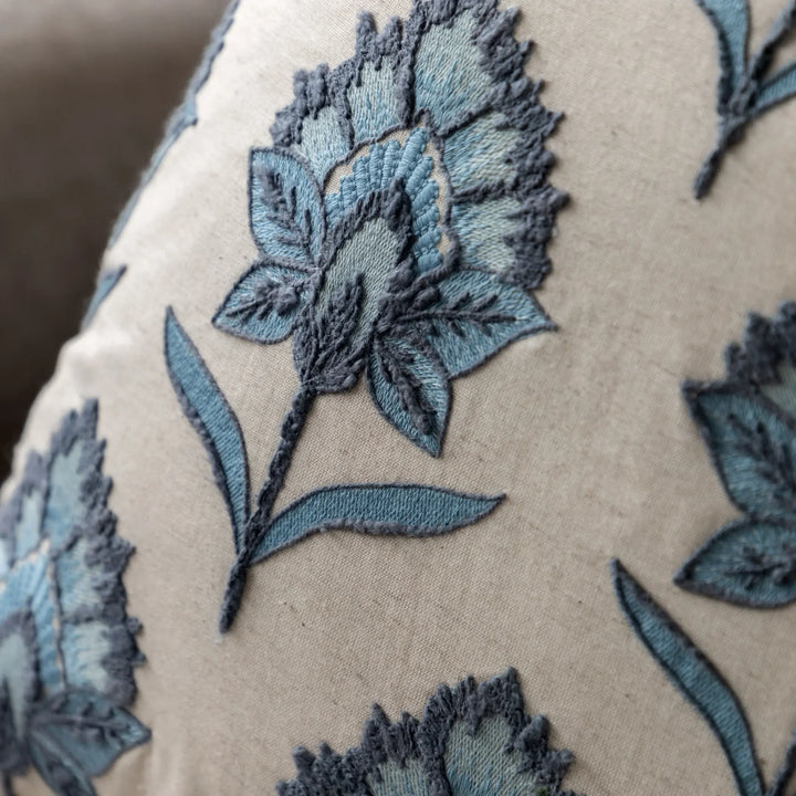 Fleur Embroidered Cushion in Ink Blue