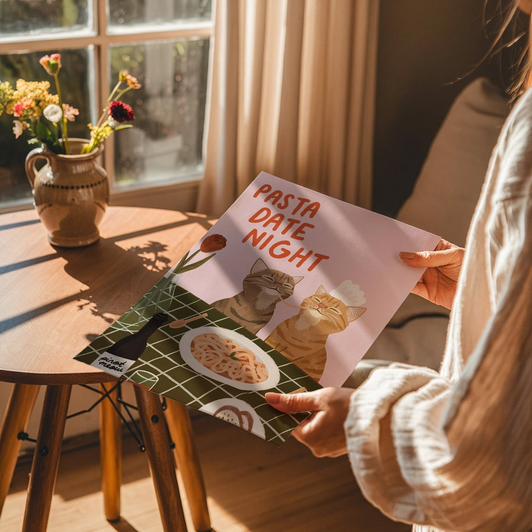 Pasta Date Night Cat Print Pink