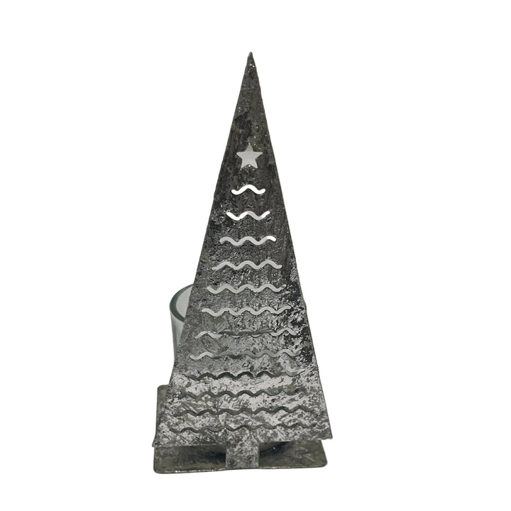 Christmas Tree with Sqiggles Tea Light Holder Silver