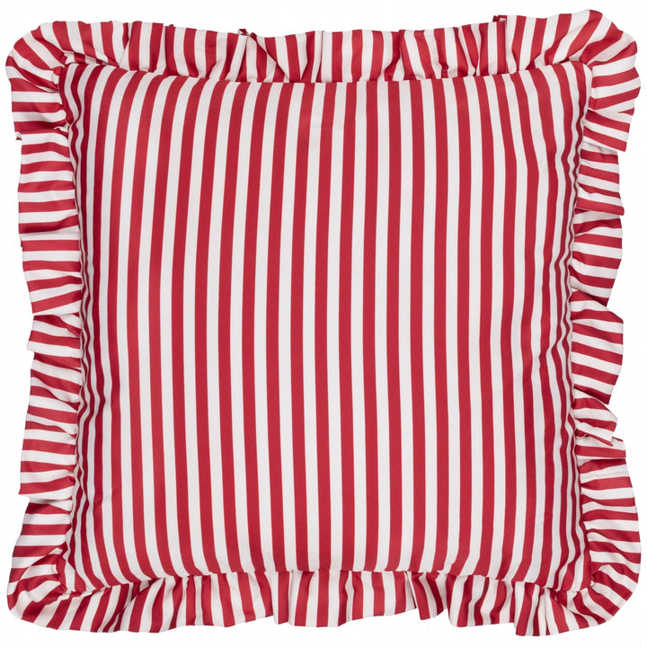Millie Ruffle Striped Outdoor Cushion in Candy Red