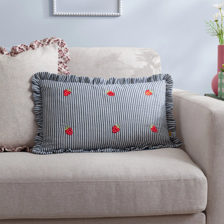 Strawberries Embroidered Ruffle Cushion