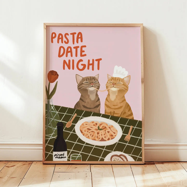 Pasta Date Night Cat Print Pink