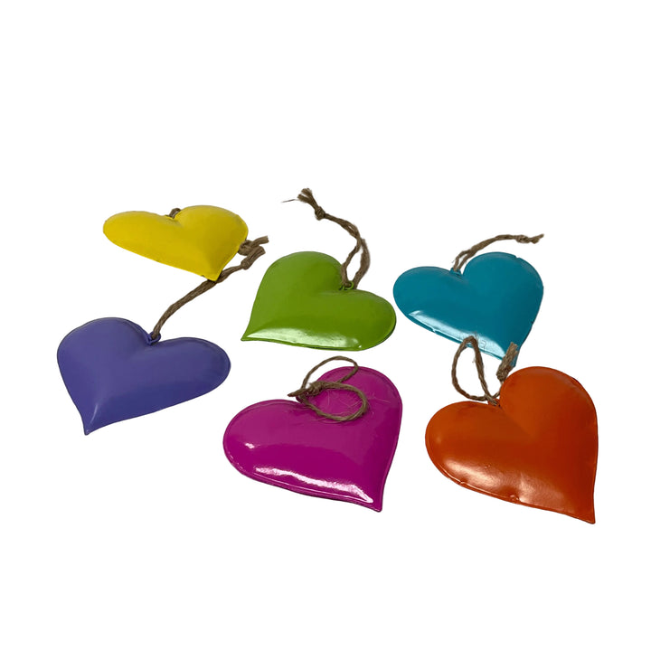Set Of 6 Colourful Small Metal Hanging Hearts