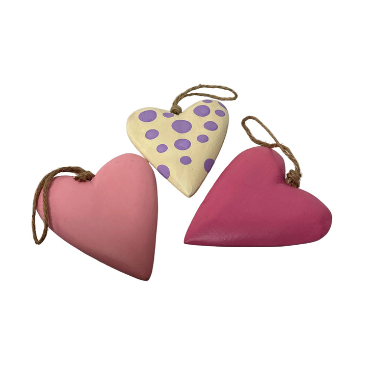 Set of 3 Wooden Heart Decorations Pink