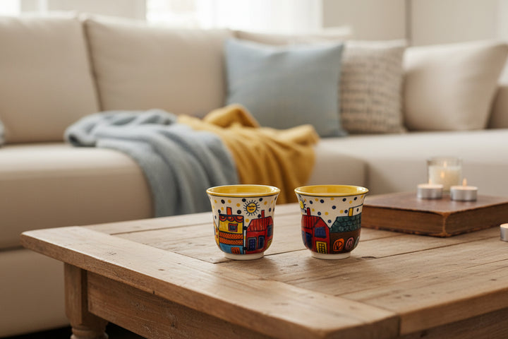 Two ceramic cups with colorful designs on a white surface