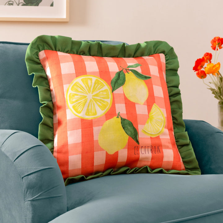 Gingham Citron Printed Ruffle Cushion