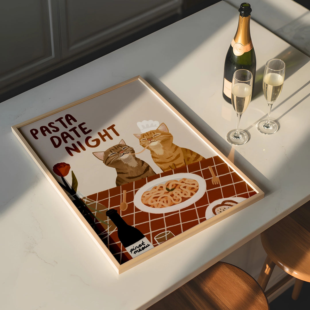 Pasta Date Night Cat Print Red