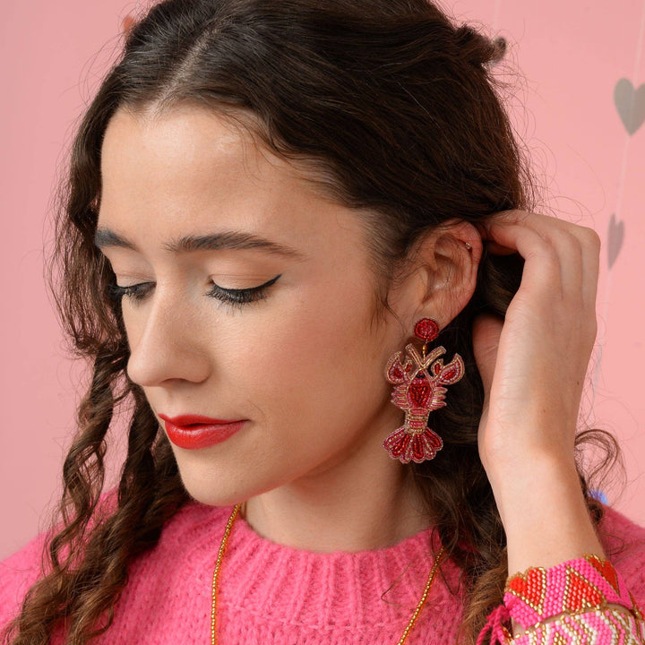 Lobster Love Beaded Earrings