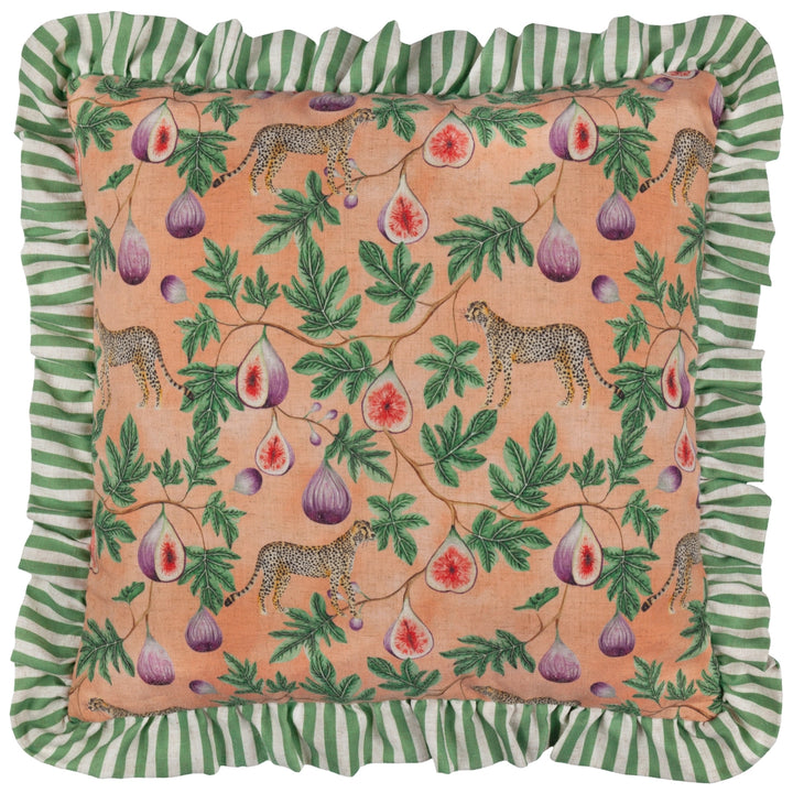 Okara Leopard and Fig Printed Ruffle Cushion in Peach/Green