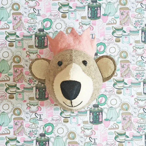 Mini Baby Bear Head with Pink Crown Wall Head