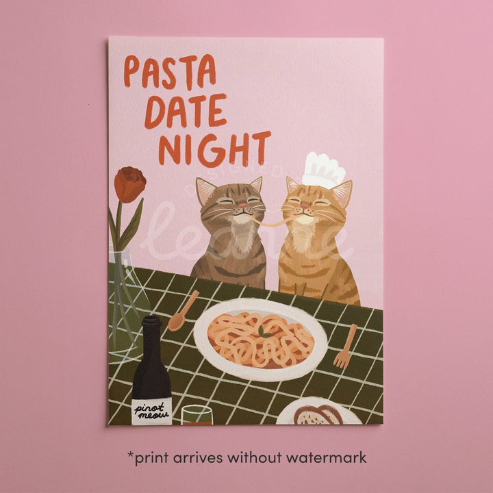 Pasta Date Night Cat Print Pink
